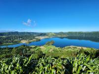 view of the town of Sete Cidades within the crater from the south